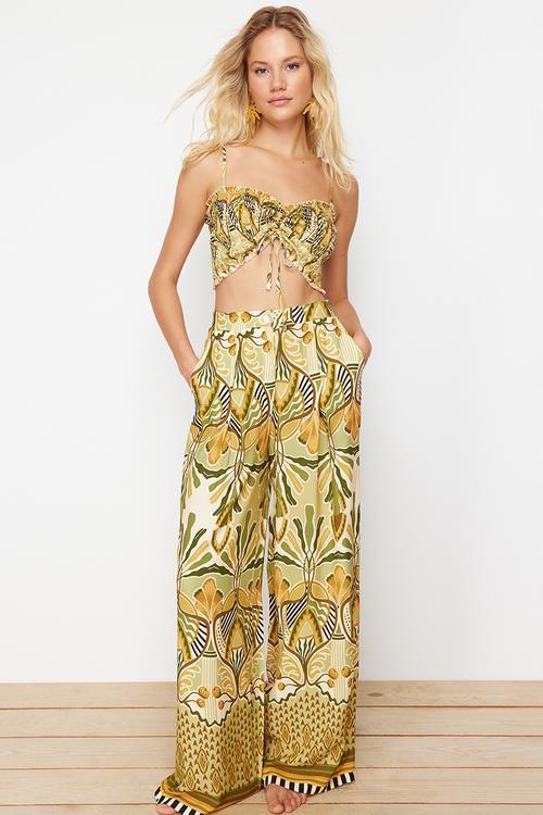 Patterned Woven Gipel Strapless Blouse Trousers Beach Suit - Ethnic