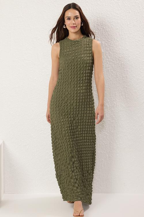 Plain Textured Crew Neck Maxi Dress - Khaki
