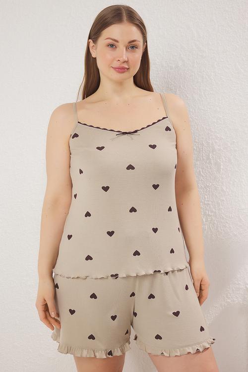 Heart Patterned Camisole Knitted Pajama Set - Light Mint