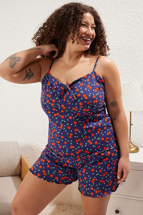 Cherry Patterned Knitted Pajama Set - Navy