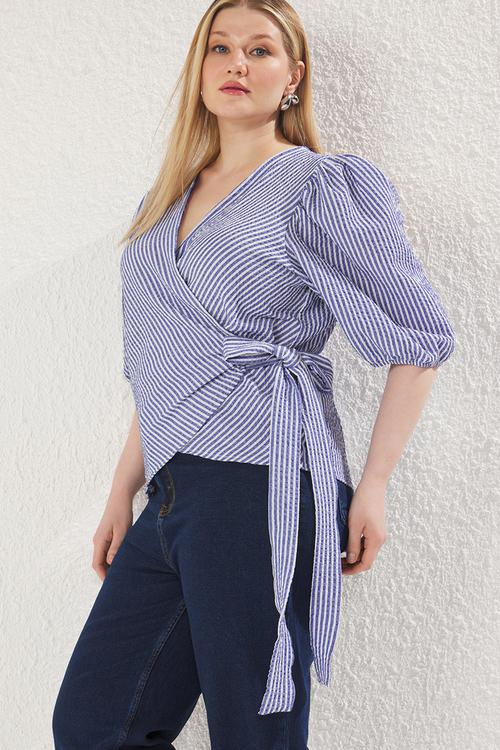 Double breasted plaid/checked seersucker woven plus size blouse - multi-colored
