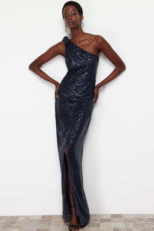 Single Sleeve Knitted Sequin Long Elegant Evening Dress - Navy blue
