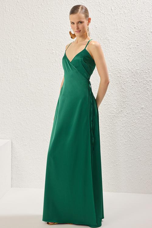 A-Line Satin Wrap Dress - Emerald