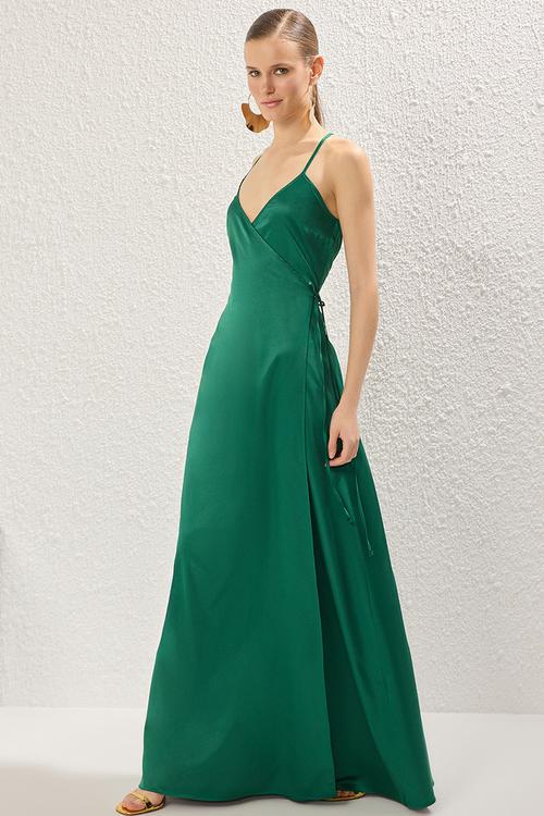 A-Line Satin Wrap Dress - Emerald
