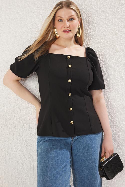 Square collar balloon cufflink detail woven plus size blouse - black