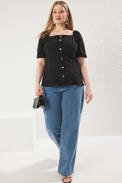 Square collar balloon cufflink detail woven plus size blouse - black