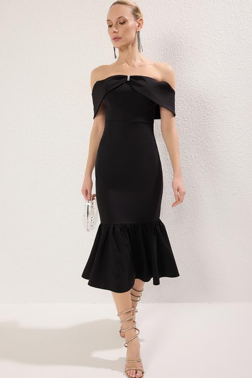 Carmen neck bowknot woven midi evening dress - black