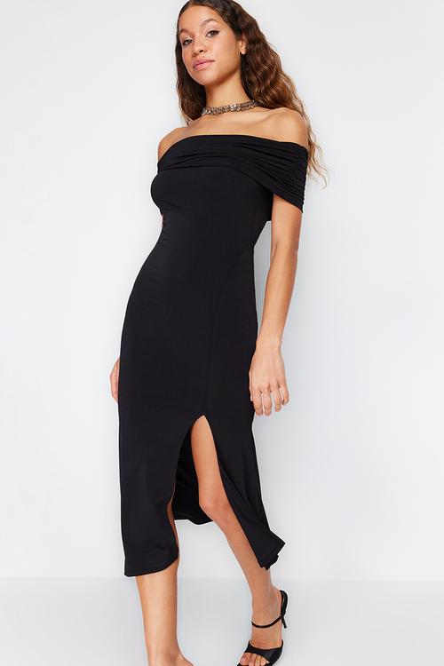 Fitted Knitted Elegant Evening Dress - Black