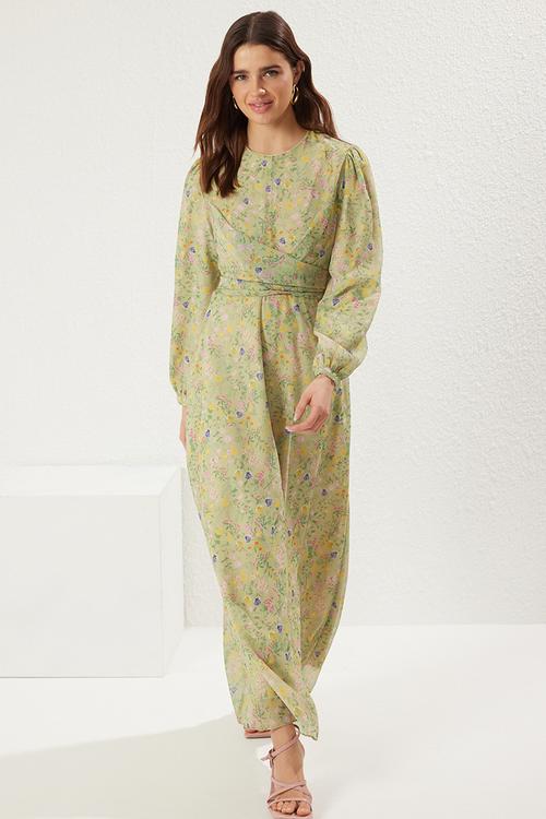 Double Breasted Tied Chiffon Lined Woven Floral Dress - Green