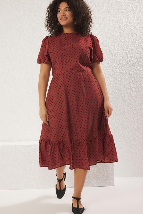 Stand collar polka dot patterned balloon sleeve long woven dress - brick color