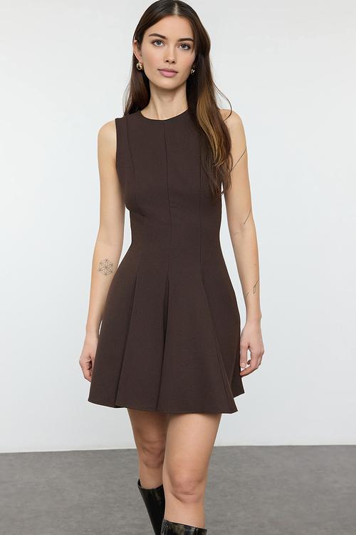 Flare crew neck mini woven dress - brown