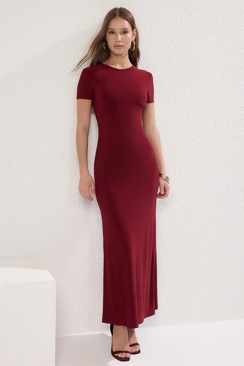Crew neck stretchy knitted maxi pencil dress - burgundy