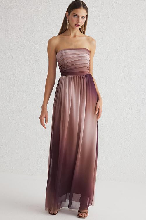  Draped Detail Tulle Knitted Long  Evening Dress - Pink