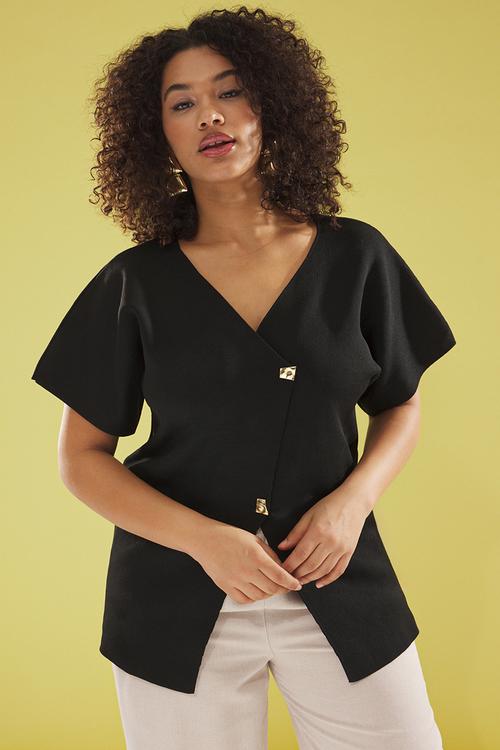 Buttoned asymmetric closure knit blouse - black