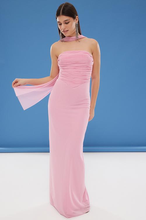 Scarf Tulle Knitted Maxi Evening Night  Dress - Pink
