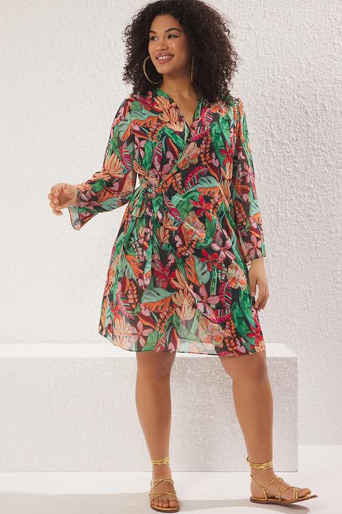 Chiffon double breasted closure mini beach wear plus size dress - multi