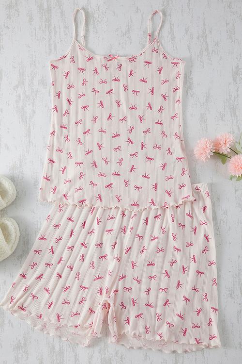 Ribbon/Bow Patterned Pointel Openwork/Hole Knitted Pajama - Pink