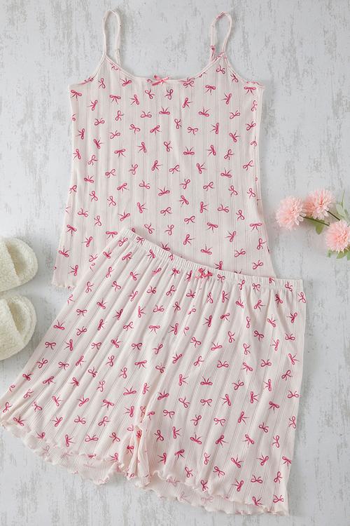 Ribbon/Bow Patterned Pointel Openwork/Hole Knitted Pajama - Pink