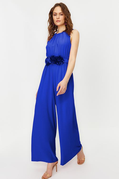 Satin Evening Jumpsuit with Flower Belt and Chiffon - Blue