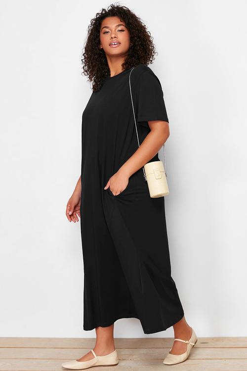 Midi 100% cotton knitted t-shirt dress - black