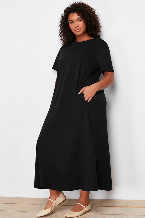 Midi 100% cotton knitted t-shirt dress - black
