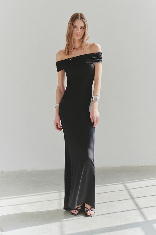  Black Transparent Back Detail Knitted Evening Dress - Black