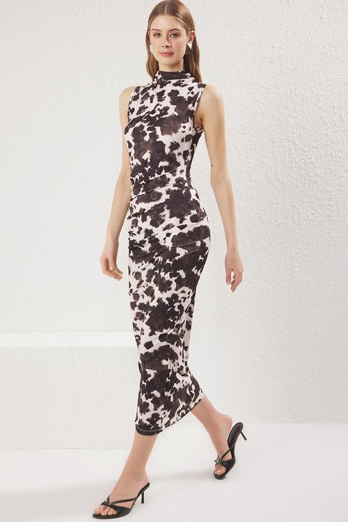 Cow printed maxi draped bodycon stretch knit dress - dark brown