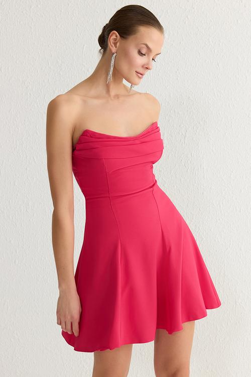A-line strapless woven short elegant evening prom dress - fuchsia
