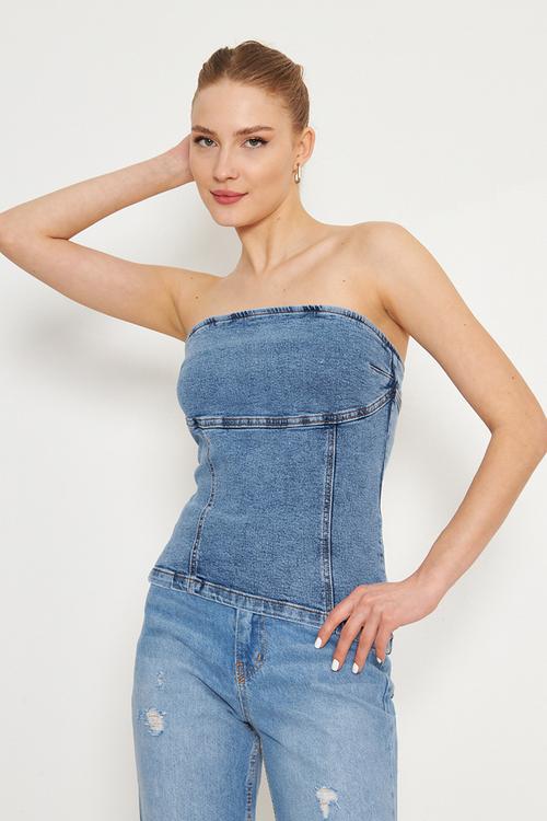 Strapless neckline asymmetrical denim blouse - blue