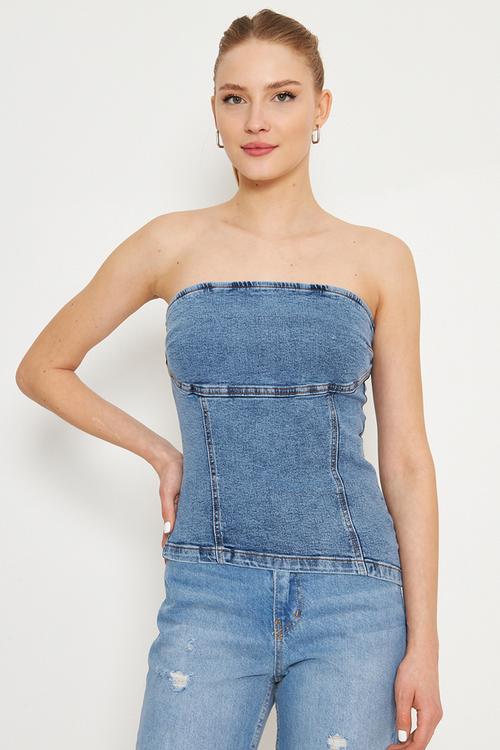Strapless neckline asymmetrical denim blouse - blue