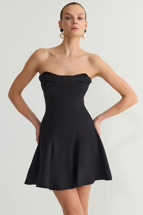 A-line strapless woven short elegant evening prom dress - black