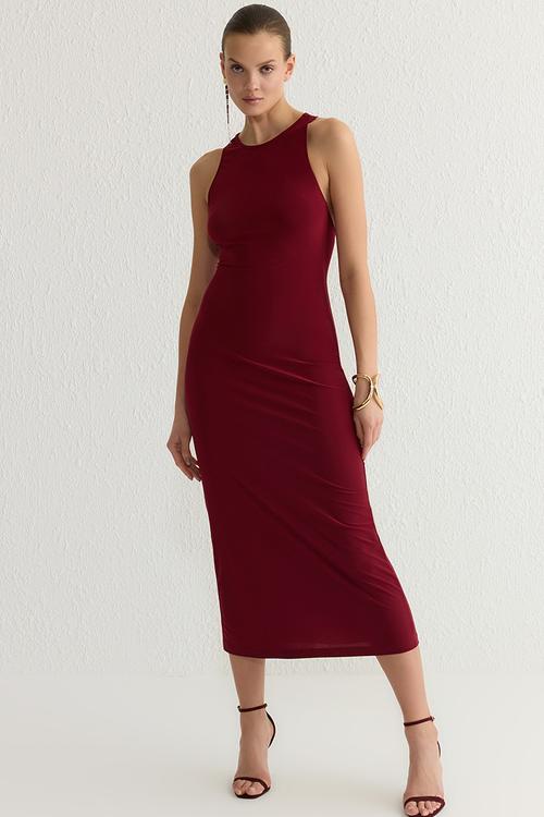 Bodycon back accessory detailed knitted evening dress - burgundy