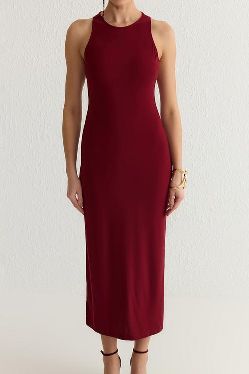 Bodycon back accessory detailed knitted evening dress - burgundy