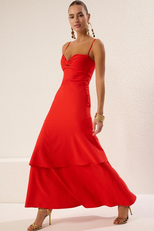 Flower A-Line Cut Out/Window Detailed Woven Long Evening Night Graduation Dress - Pomegranate flower