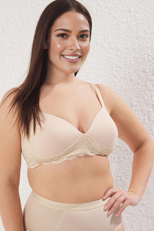 Soft comfortable flexible lace back plus size bra - skin