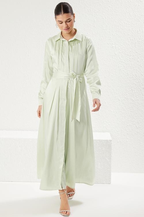  Flared Chic Satin Poplin Belted Woven Shirt Dress - mint