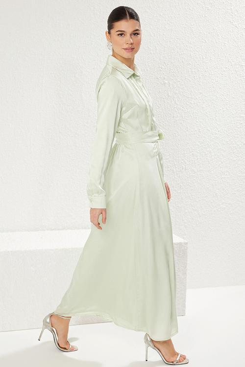  Flared Chic Satin Poplin Belted Woven Shirt Dress - mint