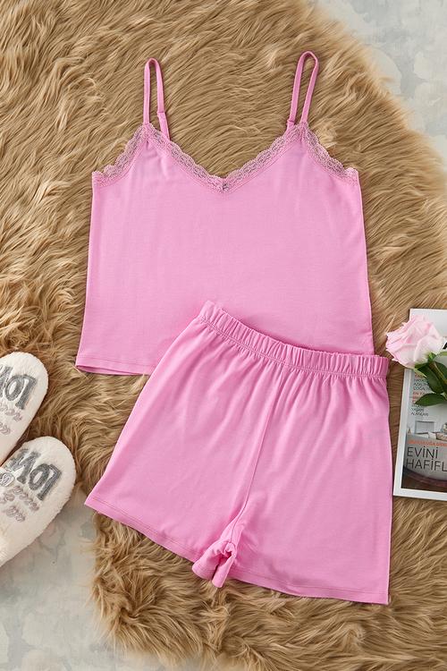 Pink Lace Rope Strap Viscose Shorts Knitted Pajama Set