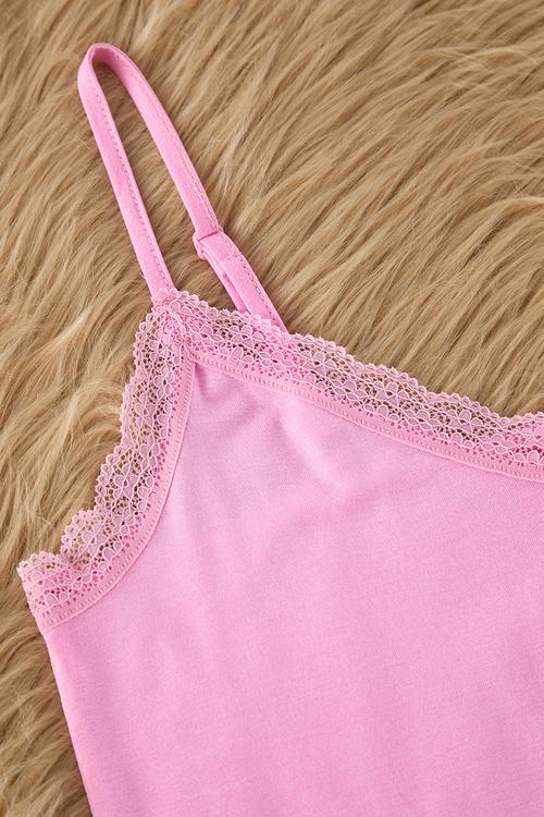 Pink Lace Rope Strap Viscose Shorts Knitted Pajama Set