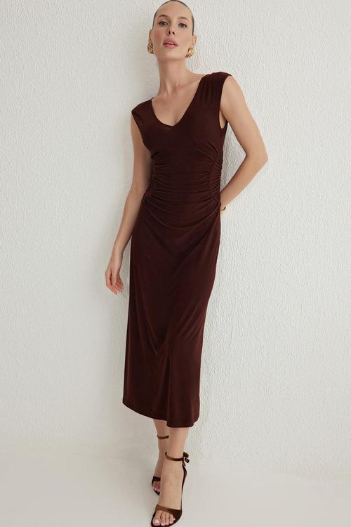 V neck pleated knitted elegant evening night graduation dress - brown