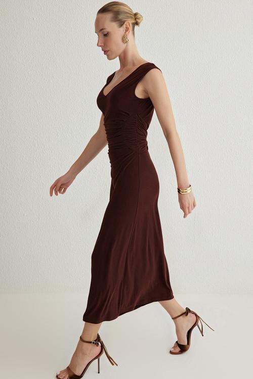 V neck pleated knitted elegant evening night graduation dress - brown