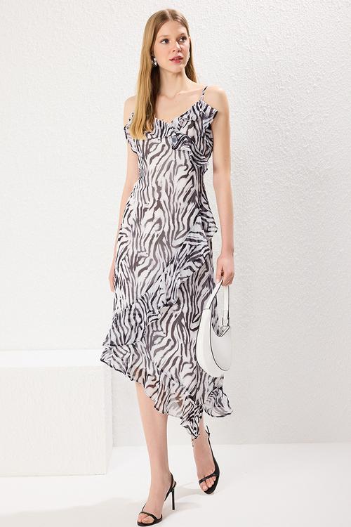 Floral Ruffle A-Line Lined Chiffon Flight Flight Woven Maxi Dress - Black
