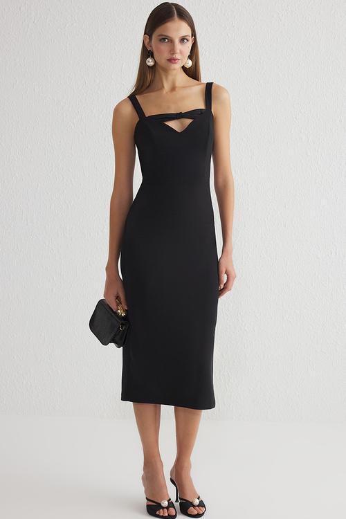 Bodycon cutout detailed woven evening dress - black