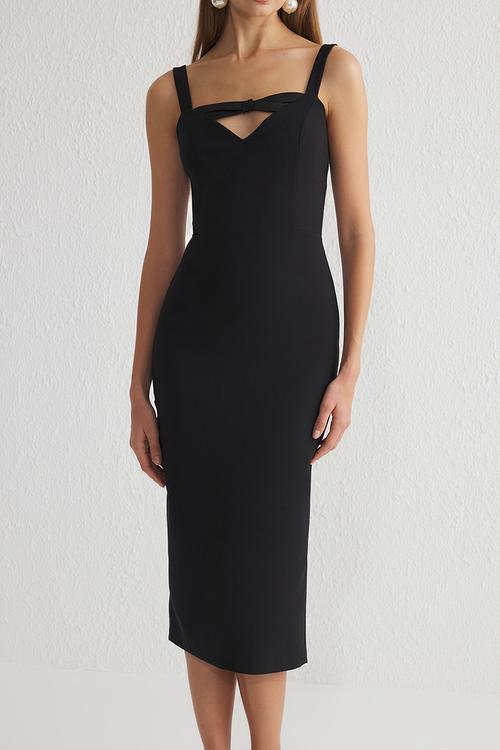 Bodycon cutout detailed woven evening dress - black