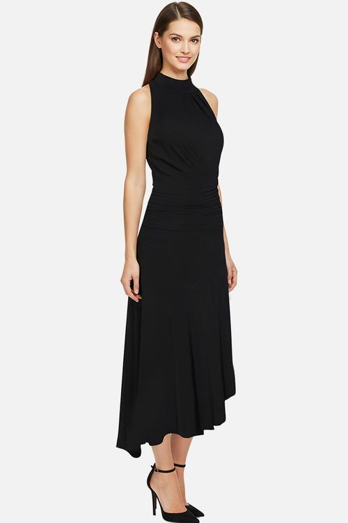 Ruffle detailed knitted elegant evening dress - black