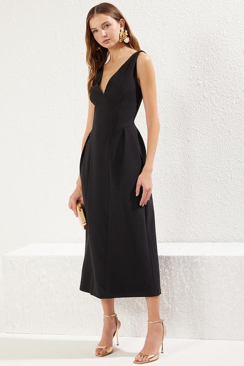 A-line v-neck woven elegant evening prom dress - black
