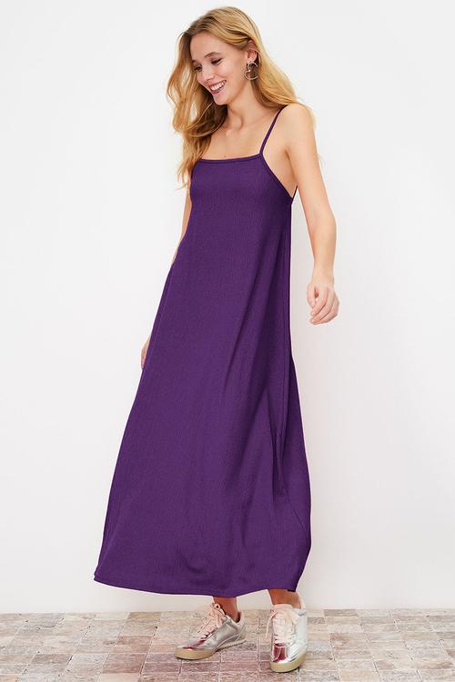 Square neck adjustable straps crepe knitted maxi dress - purple