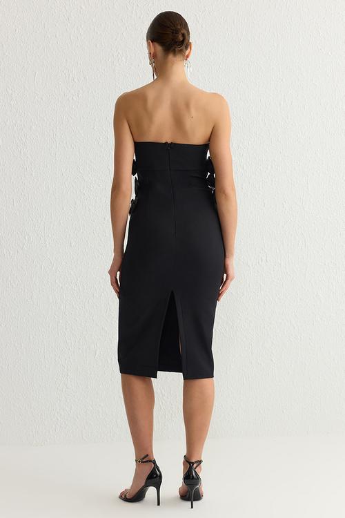 Bow detailed strapless woven evening dress g - black