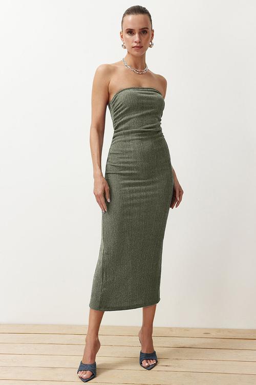 Strapless Gathered Bodycon Midi Stretch Knitted Pencil Dress - Khaki