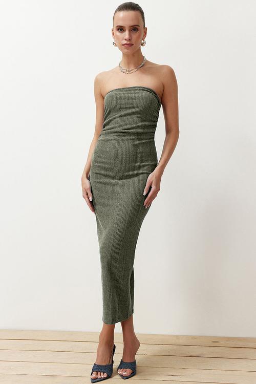 Strapless Gathered Bodycon Midi Stretch Knitted Pencil Dress - Khaki